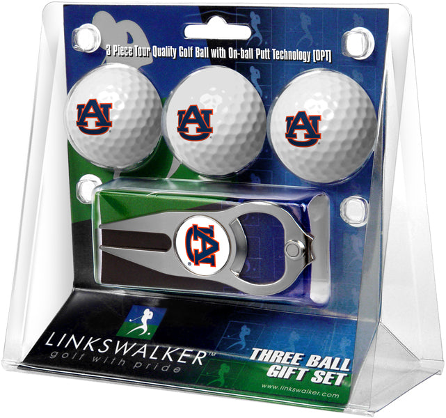 Auburn Tigers - 3 Ball Gift Pack with Hat Trick Divot Tool