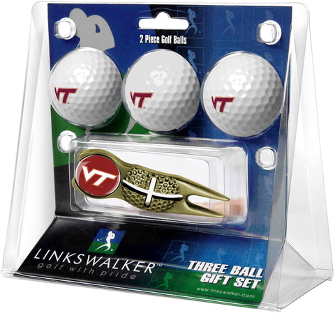Virginia Tech Hokies Regulation Size 3 Golf Ball Gift Pack with Crosshair Divot Tool (Gold)
