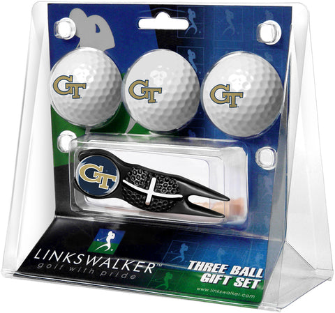 Georgia Tech Yellow Jackets Regulation Size 3 Golf Ball Gift Pack with Crosshair Divot Tool (Black)