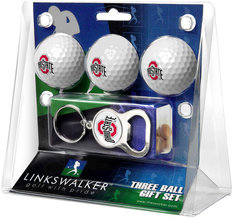 Ohio State Buckeyes Regulation Size 3 Golf Ball Gift Pack with Keychain Bottle Opener