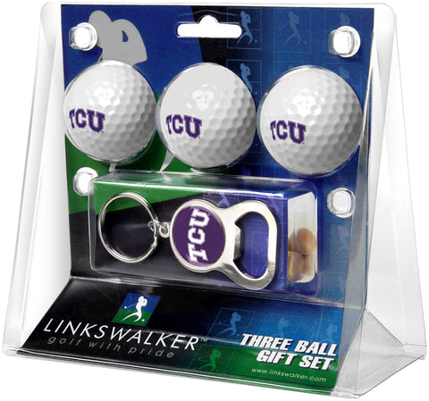 Texas Christian Horned Frogs Regulation Size 3 Golf Ball Gift Pack with Keychain Bottle Opener