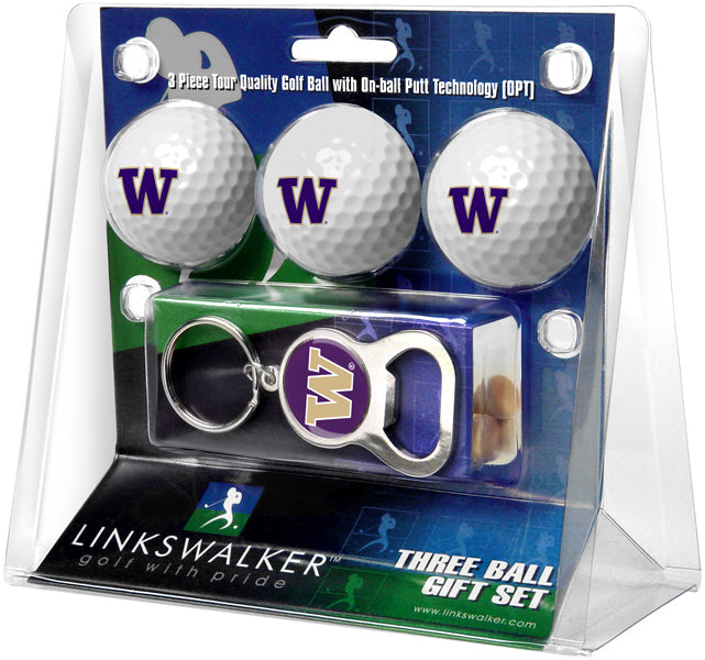 Washington Huskies - 3 Ball Gift Pack with Key Chain Bottle Opener