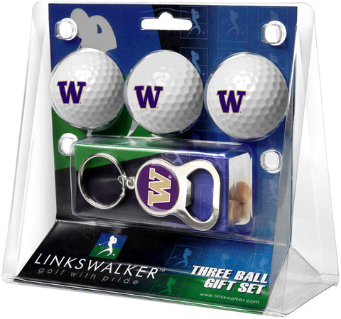 Washington Huskies Regulation Size 3 Golf Ball Gift Pack with Keychain Bottle Opener