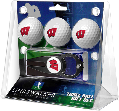 Wisconsin Badgers Regulation Size 3 Golf Ball Gift Pack with Hat Trick Divot Tool (Black)