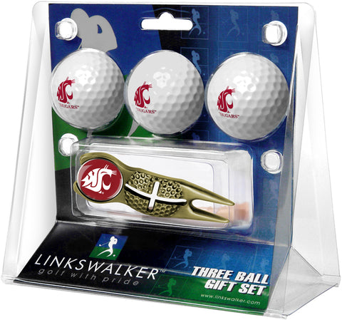 Washington State Cougars Regulation Size 3 Golf Ball Gift Pack with Crosshair Divot Tool (Gold)