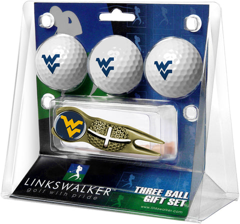 West Virginia Mountaineers Regulation Size 3 Golf Ball Gift Pack with Crosshair Divot Tool (Gold)