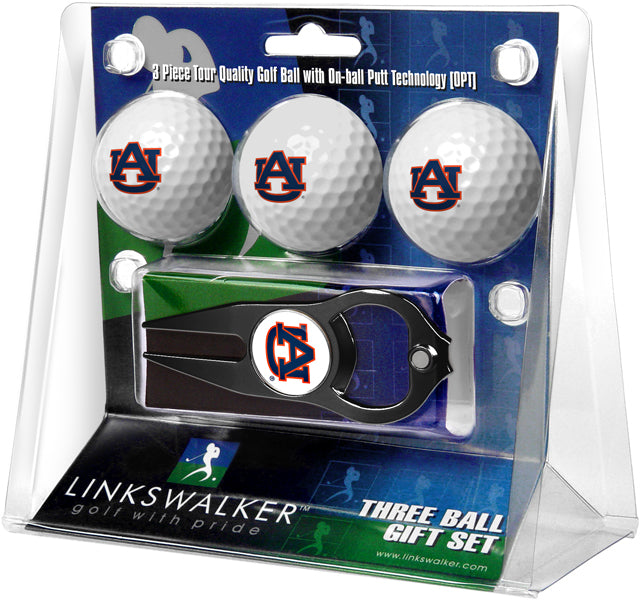 Auburn Tigers - 3 Ball Gift Pack with Hat Trick Divot Tool Black
