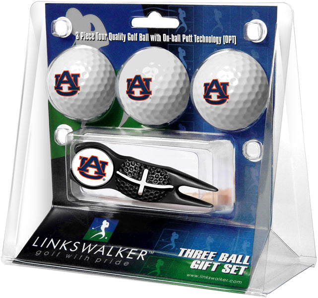 Auburn Tigers - Black Crosshair Divot Tool 3 Ball Gift Pack