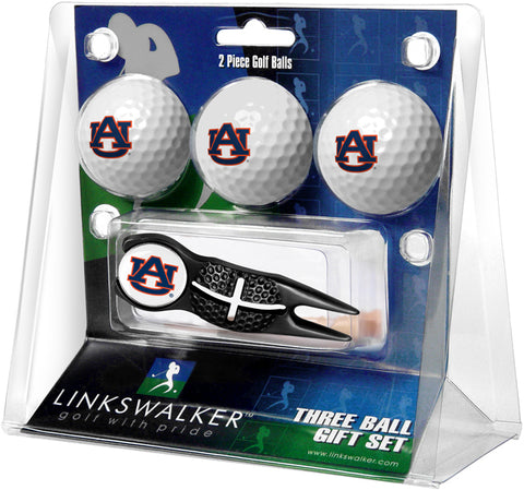 Auburn Tigers Regulation Size 3 Golf Ball Gift Pack with Crosshair Divot Tool (Black)