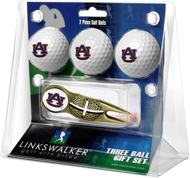 Auburn Tigers Regulation Size 3 Golf Ball Gift Pack with Crosshair Divot Tool (Gold)