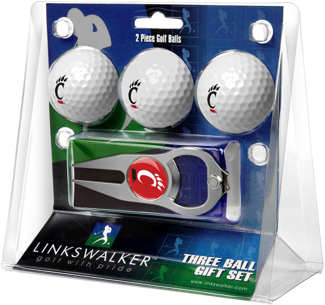 Cincinnati Bearcats Regulation Size 3 Golf Ball Gift Pack with Hat Trick Divot Tool (Silver)