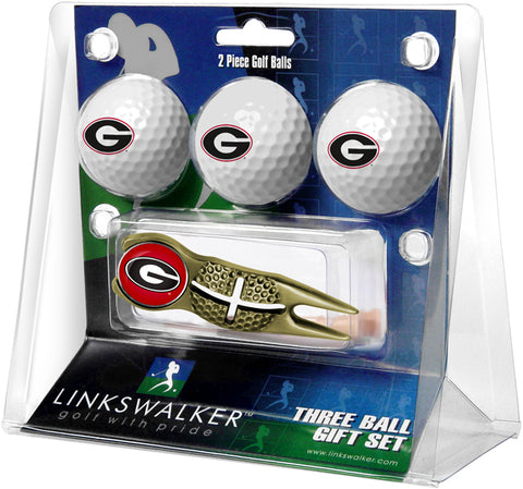 Georgia Bulldogs Regulation Size 3 Golf Ball Gift Pack with Crosshair Divot Tool (Gold)