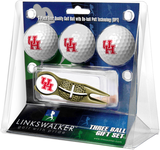 Houston Cougars - Gold Crosshair Divot Tool 3 Ball Gift Pack