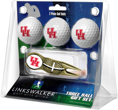 Houston Cougars Regulation Size 3 Golf Ball Gift Pack with Crosshair Divot Tool (Gold)
