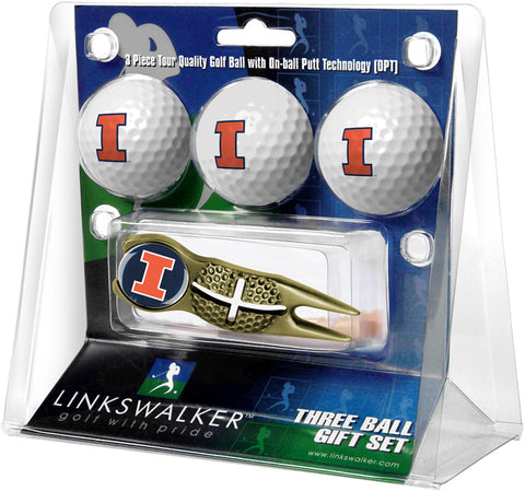 Illinois Fighting Illini - Gold Crosshair Divot Tool 3 Ball Gift Pack