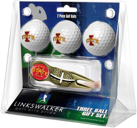 Iowa State Cyclones Regulation Size 3 Golf Ball Gift Pack with Crosshair Divot Tool (Gold)