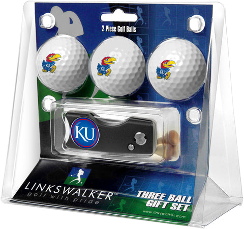 Kansas Jayhawks Regulation Size 3 Golf Ball Gift Pack with Spring Action Divot Tool