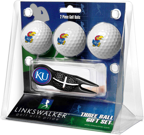 Kansas Jayhawks Regulation Size 3 Golf Ball Gift Pack with Crosshair Divot Tool (Black)