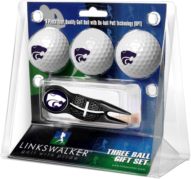 Kansas State Wildcats - Black Crosshair Divot Tool 3 Ball Gift Pack