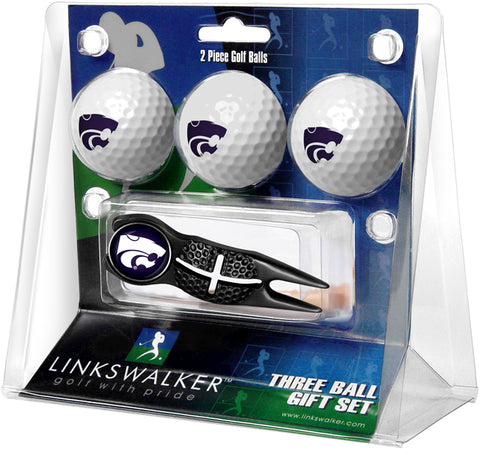 Kansas State Wildcats Regulation Size 3 Golf Ball Gift Pack with Crosshair Divot Tool (Black)