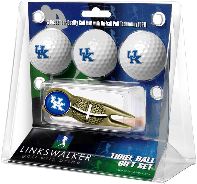 Kentucky Wildcats - Gold Crosshair Divot Tool 3 Ball Gift Pack
