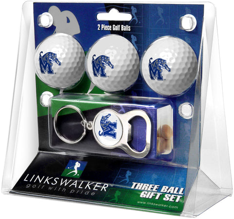 Memphis Tigers Regulation Size 3 Golf Ball Gift Pack with Keychain Bottle Opener