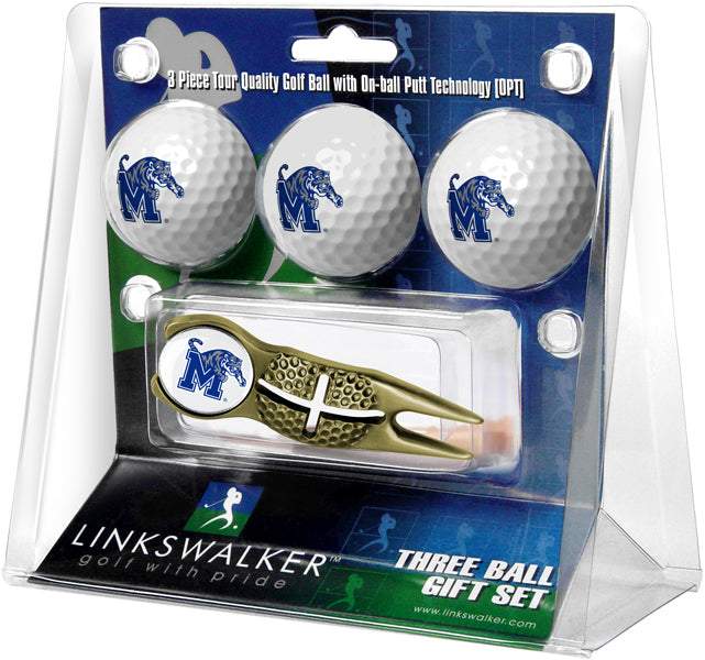 Memphis Tigers - Gold Crosshair Divot Tool 3 Ball Gift Pack