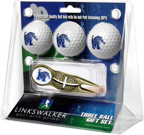 Memphis Tigers - Gold Crosshair Divot Tool 3 Ball Gift Pack