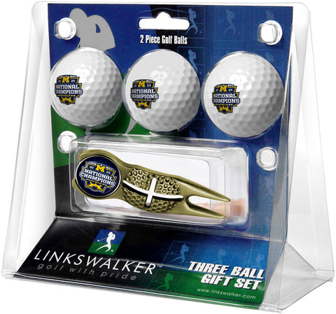 Michigan Wolverines 2023 Champions Regulation Size 3 Golf Ball Gift Pack with Crosshair Divot Tool (Gold)