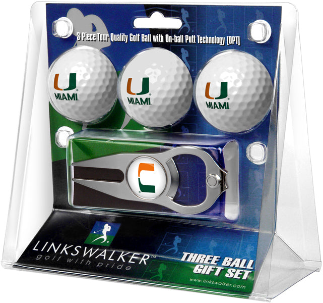 Miami Hurricanes - 3 Ball Gift Pack with Hat Trick Divot Tool