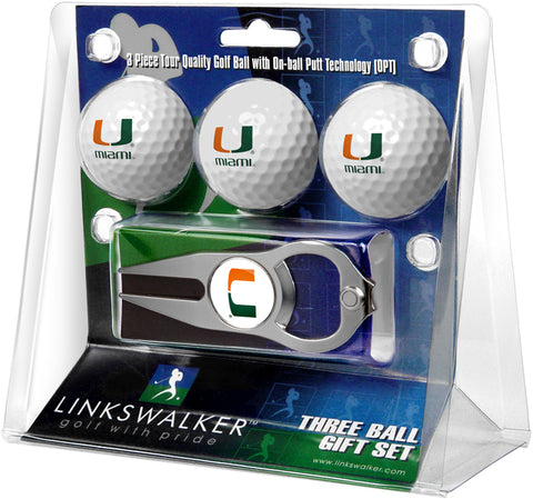 Miami Hurricanes - 3 Ball Gift Pack with Hat Trick Divot Tool
