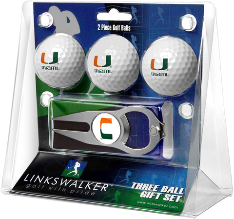 Miami Hurricanes Regulation Size 3 Golf Ball Gift Pack with Hat Trick Divot Tool (Silver)