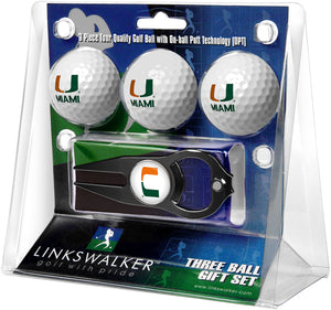 Miami Hurricanes - 3 Ball Gift Pack with Hat Trick Divot Tool Black