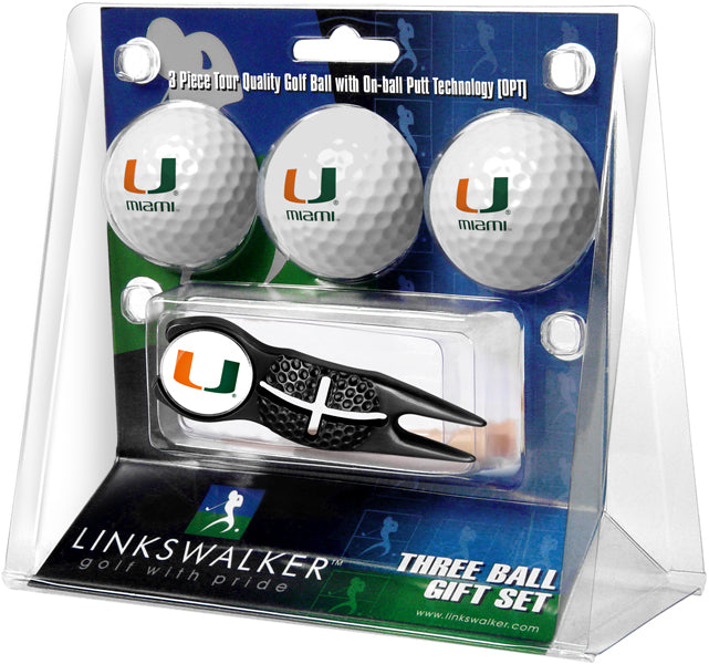Miami Hurricanes - Black Crosshair Divot Tool 3 Ball Gift Pack