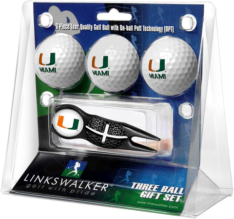 Miami Hurricanes - Black Crosshair Divot Tool 3 Ball Gift Pack