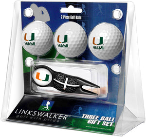 Miami Hurricanes Regulation Size 3 Golf Ball Gift Pack with Crosshair Divot Tool (Black)