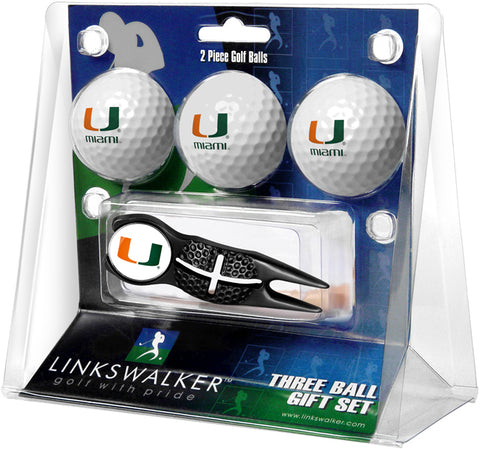 Miami Hurricanes Regulation Size 3 Golf Ball Gift Pack with Crosshair Divot Tool (Black)