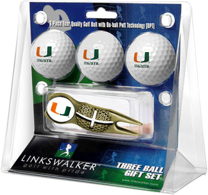 Miami Hurricanes - Gold Crosshair Divot Tool 3 Ball Gift Pack