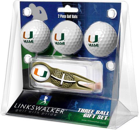 Miami Hurricanes Regulation Size 3 Golf Ball Gift Pack with Crosshair Divot Tool (Gold)