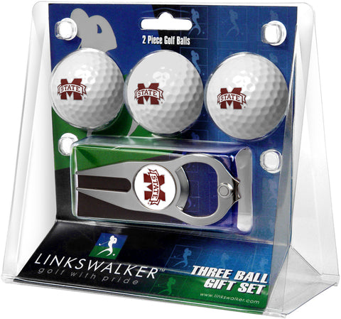 Mississippi State Bulldogs Regulation Size 3 Golf Ball Gift Pack with Hat Trick Divot Tool (Silver)
