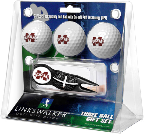 Mississippi State Bulldogs - Black Crosshair Divot Tool 3 Ball Gift Pack