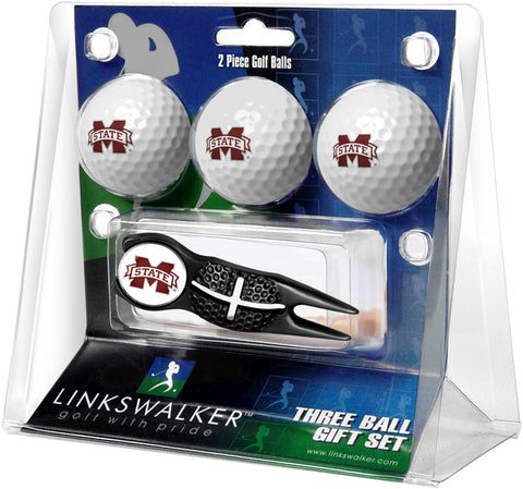 Mississippi State Bulldogs Regulation Size 3 Golf Ball Gift Pack with Crosshair Divot Tool (Black)