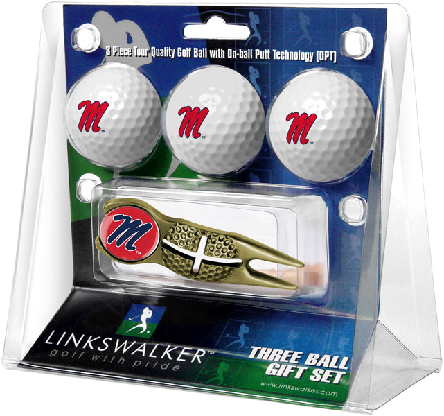 Mississippi Rebels  -  Ole Miss - Gold Crosshair Divot Tool 3 Ball Gift Pack