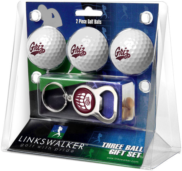 Montana Grizzlies Regulation Size 3 Golf Ball Gift Pack with Keychain Bottle Opener