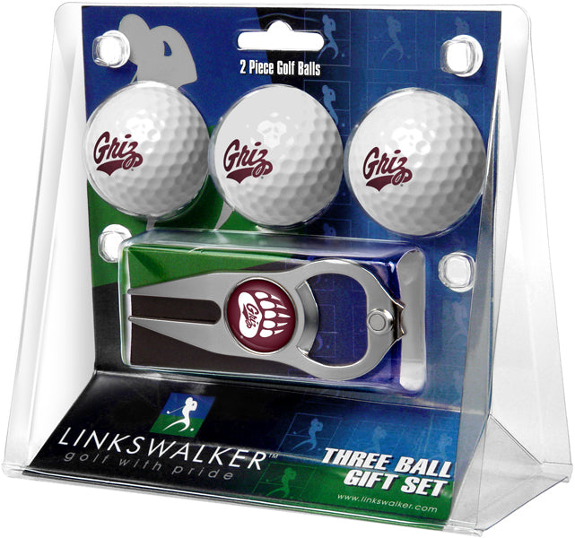 Montana Grizzlies Regulation Size 3 Golf Ball Gift Pack with Hat Trick Divot Tool (Silver)
