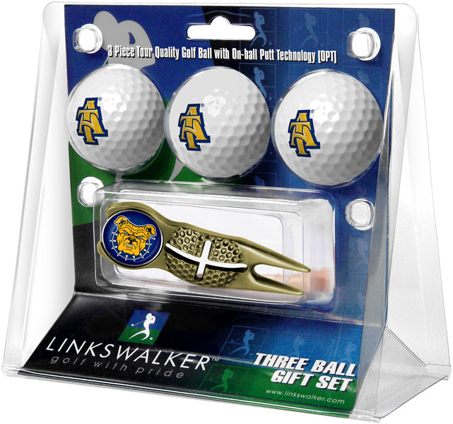 North Carolina A&T Aggies - Gold Crosshair Divot Tool 3 Ball Gift Pack