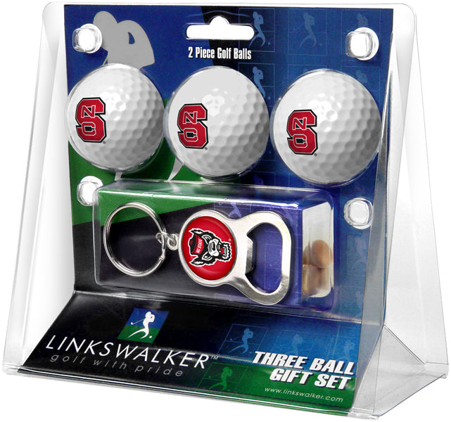 NC State Wolfpack Regulation Size 3 Golf Ball Gift Pack with Keychain Bottle Opener