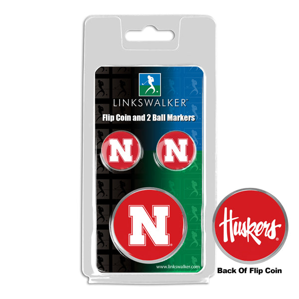 Nebraska Cornhuskers Flip Challenge Coin 2 Golf Ball Markers Pack