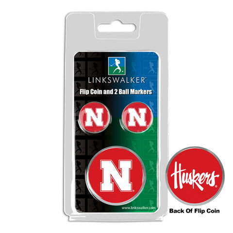 Nebraska Cornhuskers Flip Challenge Coin 2 Golf Ball Markers Pack