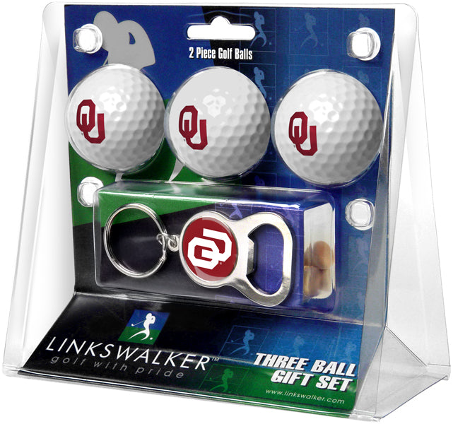 Oklahoma Sooners Regulation Size 3 Golf Ball Gift Pack with Keychain Bottle Opener